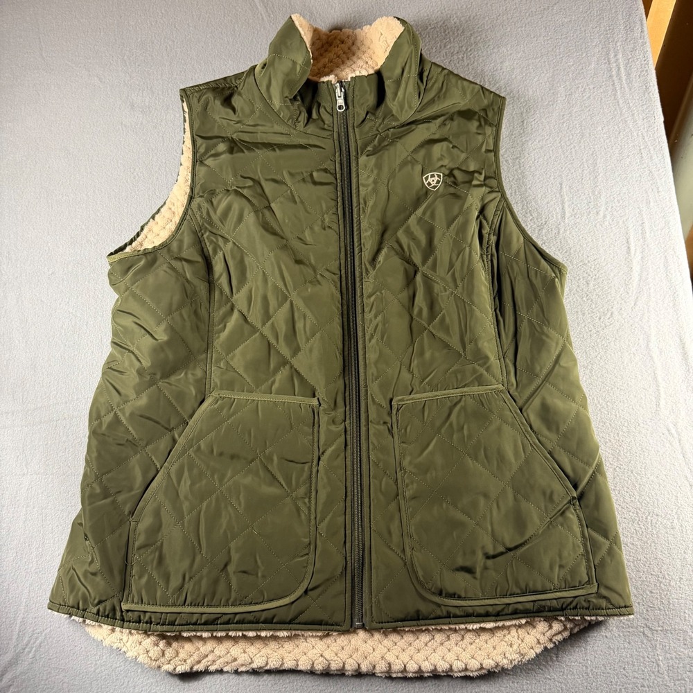 Ariat Womens XL Quilted Sherpa Lined Vest Olive Green Full Zip Equestrian Vest